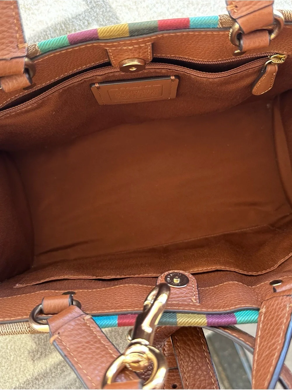 Coach Brown Signature Canvas Tote with Multicolor Vertical Stripe - Picture 11 of 11